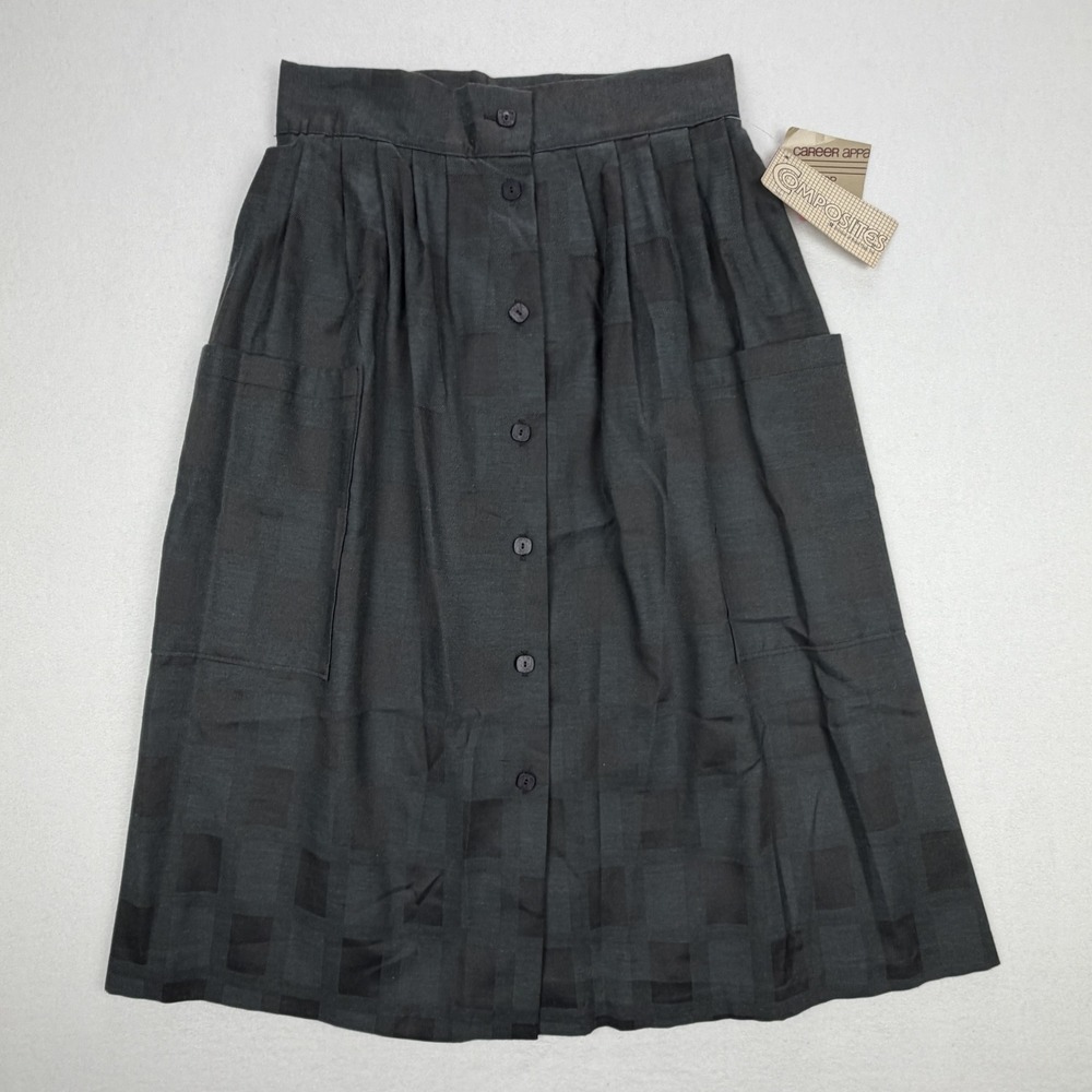 Vintage Composites Russ Togs Black Button Front Midi Skirt Pockets Size 10